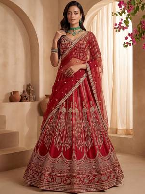 Rich Red Multi Thread Work Bridal Lehenga Choli With Double Dupatta 2