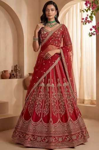 Rich Red Multi Thread Work Bridal Lehenga Choli With Double Dupatta