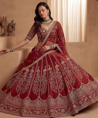 Rich Red Multi Thread Work Bridal Lehenga Choli With Double Dupatta 3