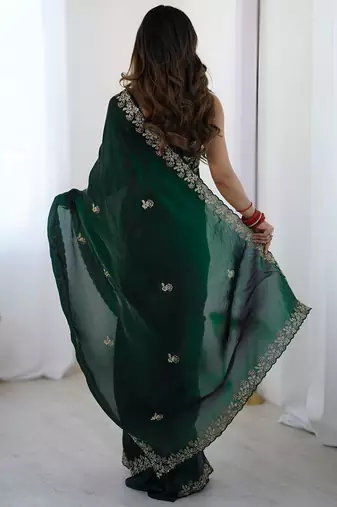 Green satin silk blend style girlie saree