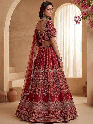 Rich Red Multi Thread Work Bridal Lehenga Choli With Double Dupatta 4