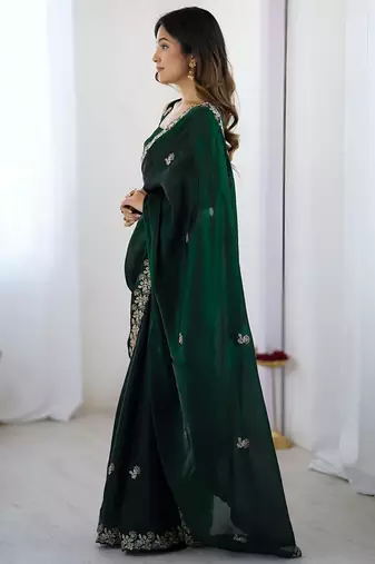 Green satin silk blend style girlie saree