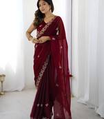 Maroon fendy satin silk fabric designer style girlie saree
