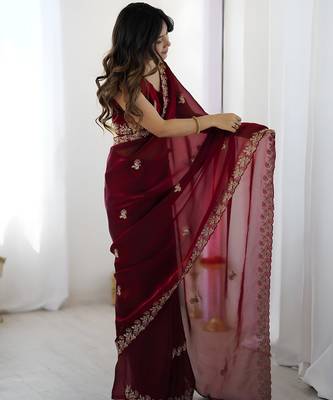 Maroon satin silk blend style girlie saree 4