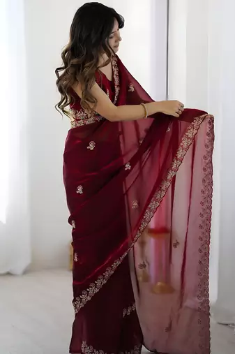 Maroon satin silk blend style girlie saree
