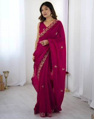 Pink satin silk blend style girlie saree 1