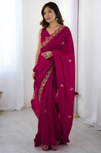 Pink color fendy satin silk fabric designer bollywood style girlie saree