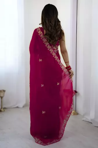 Pink satin silk blend style girlie saree