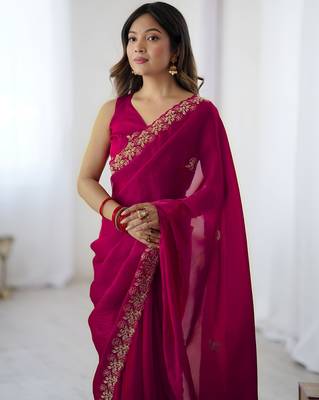 Pink satin silk blend style girlie saree 3