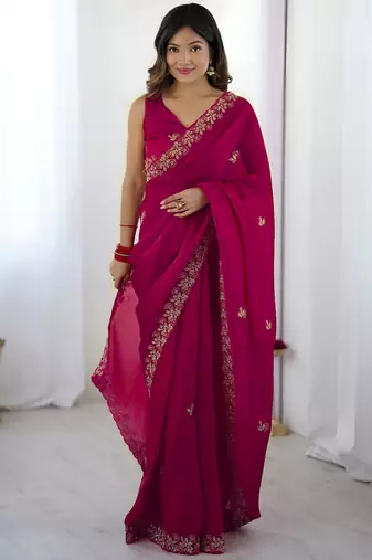 Pink satin silk blend style girlie saree