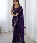 Purple fendy satin silk fabric designer style girlie saree