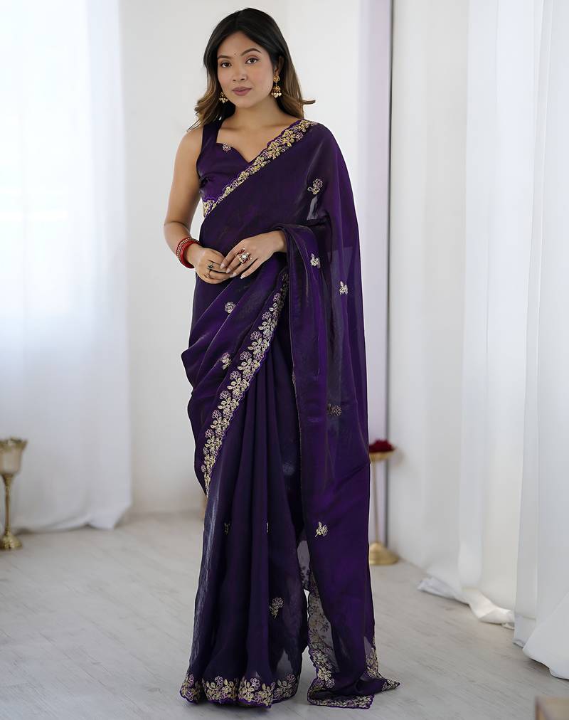Purple color fendy satin silk fabric designer bollywood style girlie saree