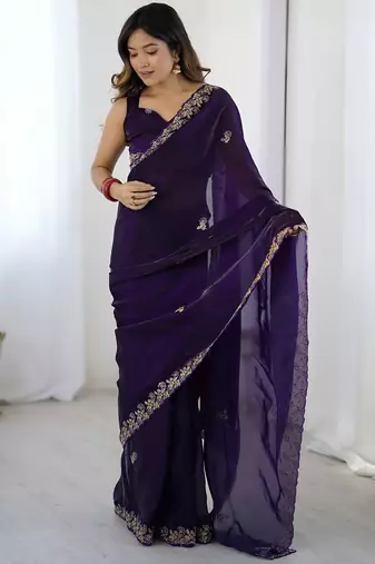Purple satin silk blend style girlie saree