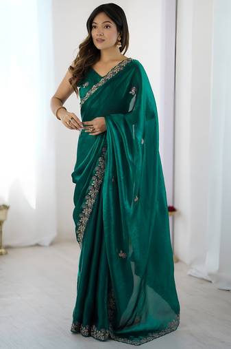 Rama color fendy satin silk fabric designer bollywood style girlie saree