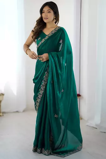 Rama color fendy satin silk fabric designer bollywood style girlie saree