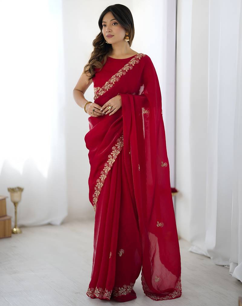 Red color fendy satin silk fabric designer bollywood style girlie saree