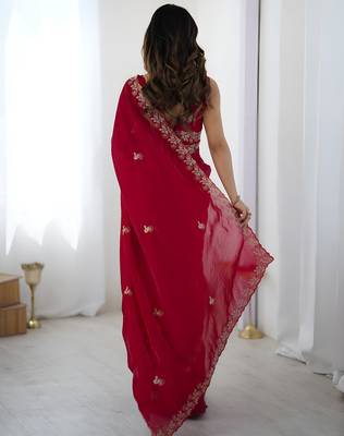 Red satin silk blend style girlie saree 2