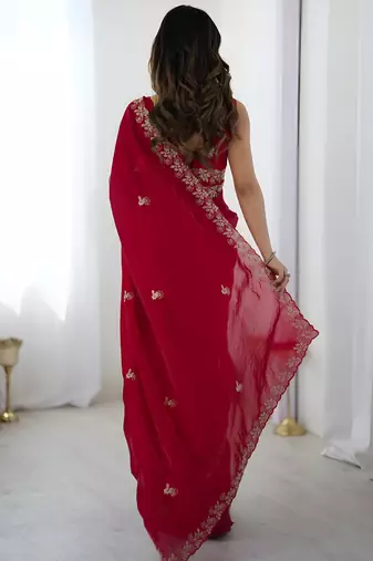 Red satin silk blend style girlie saree