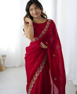 Red satin silk blend style girlie saree 3