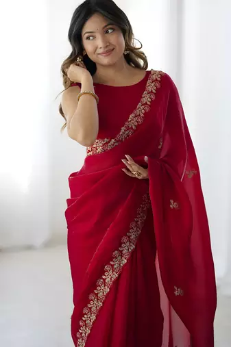 Red satin silk blend style girlie saree