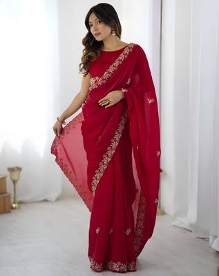 Red satin silk blend style girlie saree 4