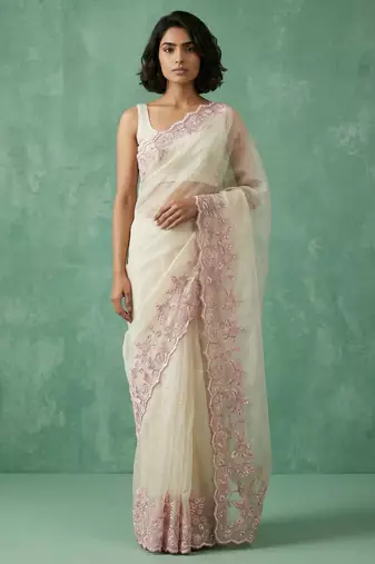 Cream color chanda silk fabric thread flower embroidery cut work trendy girlie saree
