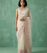 Cream chanda silk fabric thread flower embroidery cut work trendy girlie saree