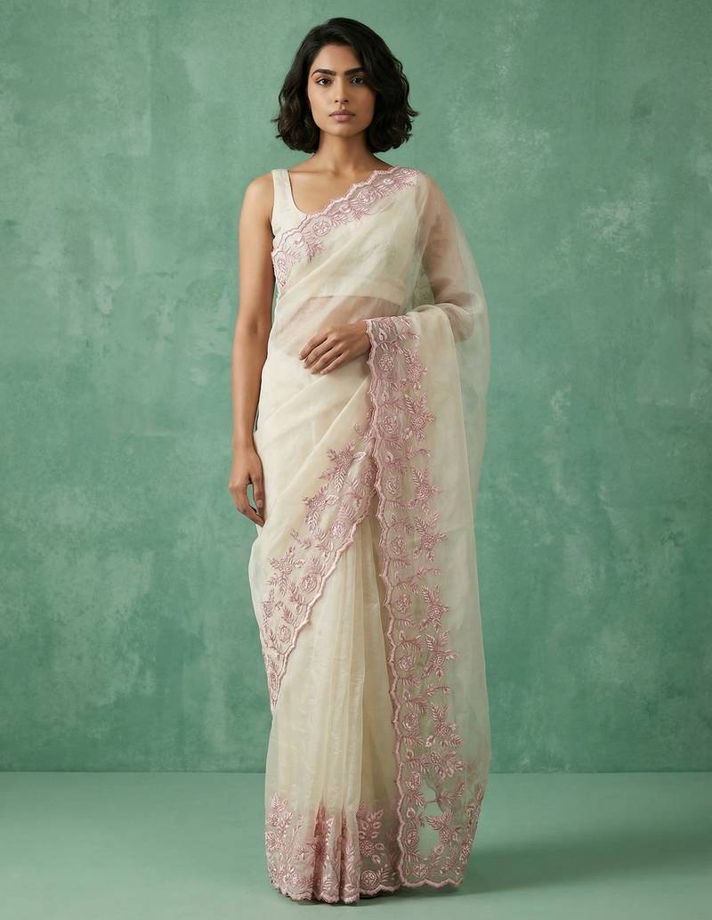 Cream color chanda silk fabric thread flower embroidery cut work trendy girlie saree