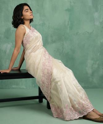 Cream chanda silk blend thread flower embroidery cut work trendy girlie saree 4