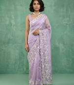 Lavender chanda silk fabric thread flower embroidery cut work trendy girlie saree