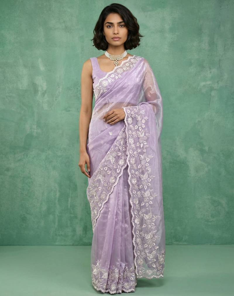 Lavender color chanda silk fabric thread flower embroidery cut work trendy girlie saree