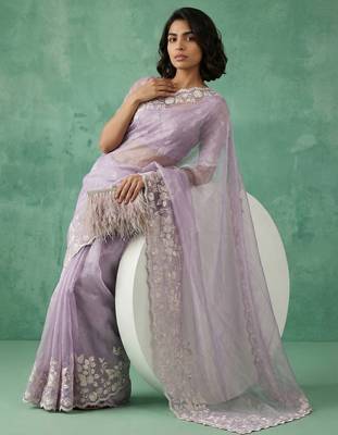 Lavender chanda silk blend thread flower embroidery cut work trendy girlie saree 2