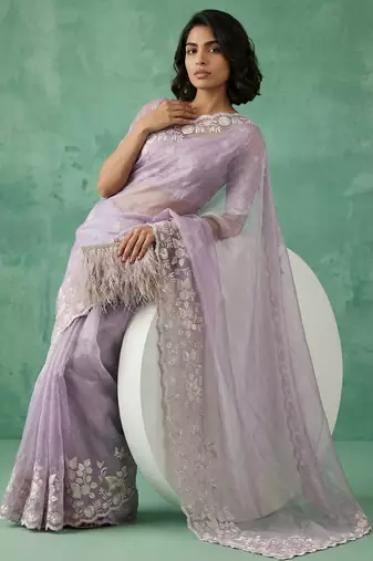 Lavender chanda silk blend thread flower embroidery cut work trendy girlie saree
