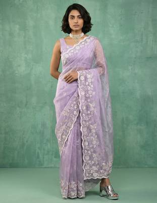 Lavender chanda silk blend thread flower embroidery cut work trendy girlie saree 3
