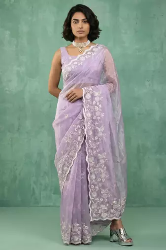 Lavender chanda silk blend thread flower embroidery cut work trendy girlie saree