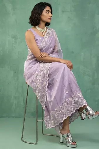 Lavender chanda silk blend thread flower embroidery cut work trendy girlie saree