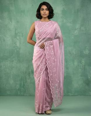 Pink chanda silk blend thread flower embroidery cut work trendy girlie saree 1