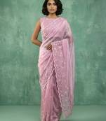 Pink chanda silk fabric thread flower embroidery cut work trendy girlie saree