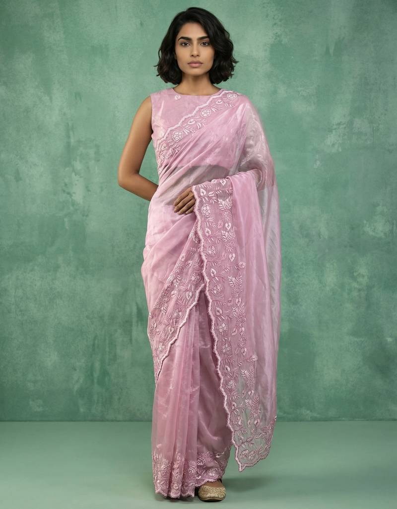Pink color chanda silk fabric thread flower embroidery cut work trendy girlie saree