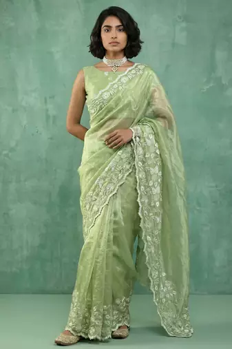 Pista color chanda silk fabric thread flower embroidery cut work trendy girlie saree