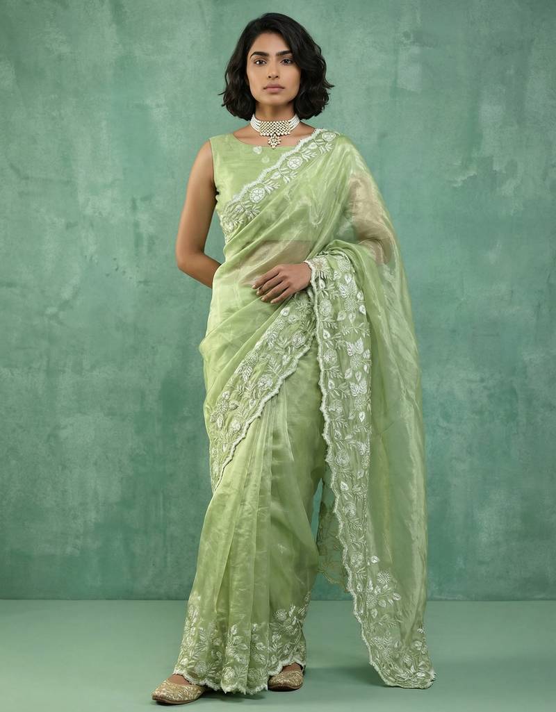 Pista color chanda silk fabric thread flower embroidery cut work trendy girlie saree