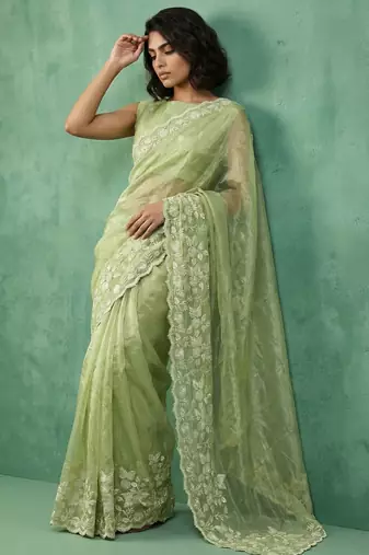 Pista chanda silk blend thread flower embroidery cut work trendy girlie saree