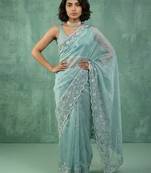Sky blue chanda silk fabric thread flower embroidery cut work trendy girlie saree