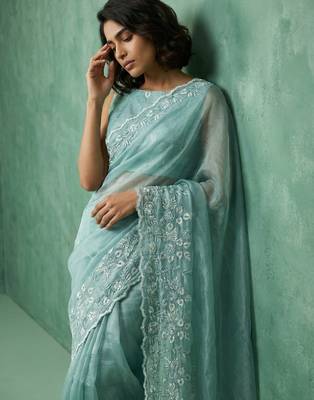 Sky blue chanda silk blend thread flower embroidery cut work trendy girlie saree 3