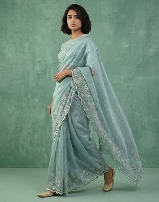 Sky blue chanda silk blend thread flower embroidery cut work trendy girlie saree 4