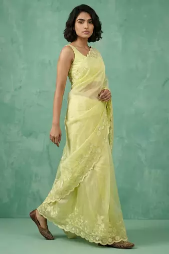 Yellow chanda silk blend thread flower embroidery cut work trendy girlie saree