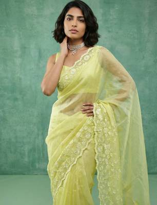 Yellow chanda silk blend thread flower embroidery cut work trendy girlie saree 3