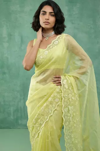 Yellow chanda silk blend thread flower embroidery cut work trendy girlie saree