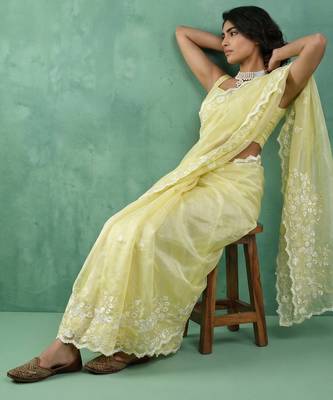 Yellow chanda silk blend thread flower embroidery cut work trendy girlie saree 4