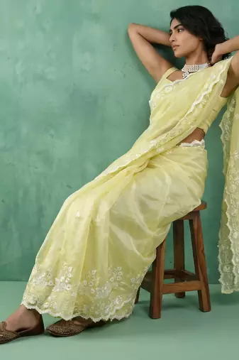 Yellow chanda silk blend thread flower embroidery cut work trendy girlie saree